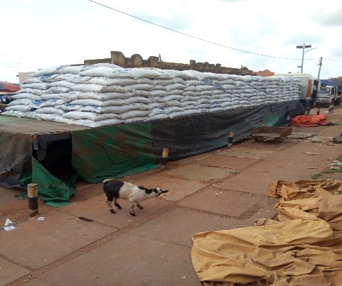 sorghum purchased from Uganda loaded on truck on the way to Mundri for distribution